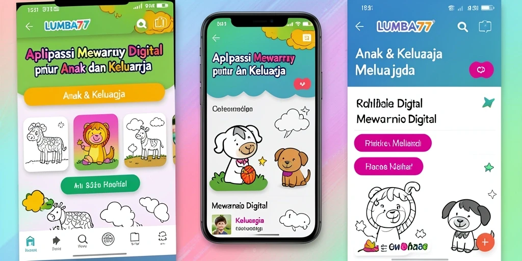 Tampilan antarmuka aplikasi LUMBA77 yang penuh warna dan interaktif.