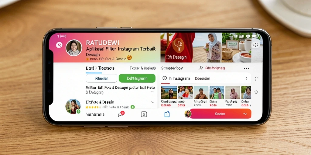 Tampilan antarmuka aplikasi RATUDEWI dengan berbagai pilihan filter Instagram.